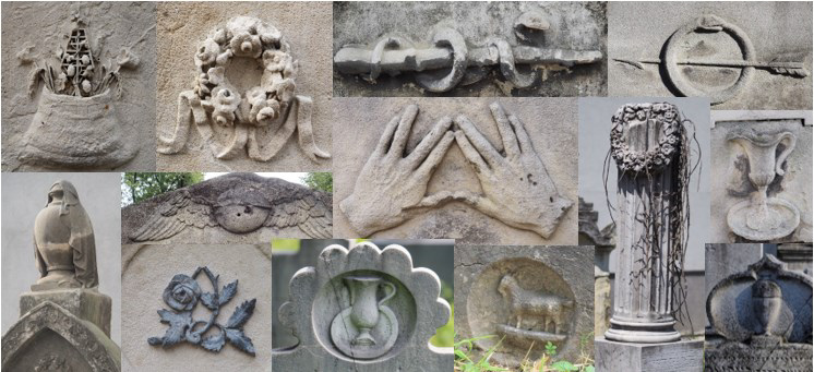 Der Friedhof ladet immer wieder zu Entdeckungstouren ein. Ob es Grabinschriften oder beispielsweise Symbole auf den Grabsteinen sind, es wird niemals langweilig. Bei einem Streifzug durch das Gelände fallen viele unterschiedliche Symbole auf. Im Rahmen des in Umsetzung befindlichen Ausstellungsraumes sollen deren Bedeutung auch den zukünftigen Besuchern näher erklärt werden.